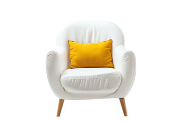 White armchair with small yellow pillow isolated on transparent(