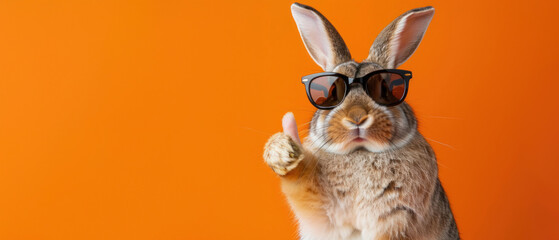 Capturing a whimsical moment, a rabbit dons sunglasses and gestures a thumbs up, set against an...