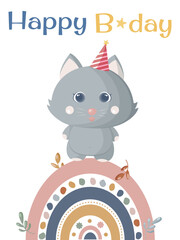 Children birthday card with cat and rainbow