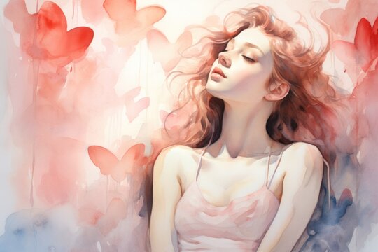 Sensual beauty portrayed in a watercolor portrait, eyes closed, on a textured background of artistic floral and blue hues. Valentine's Day holiday.