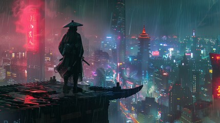 Samurai standing on a rooftop in a futuristic city under rain at night. Cyberpunk urban landscape. Sci-fi and fantasy concept.