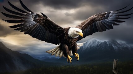 This dynamic image captures a powerful bald eagle in mid-flight with fully spread wings, set against a stormy mountainous landscape