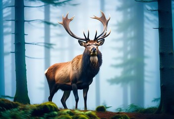A Stag's Regal Pose in the Enchanting Misty Woods