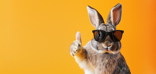 A sleek grey rabbit in cool sunglasses makes a thumbs up gesture against an orange background