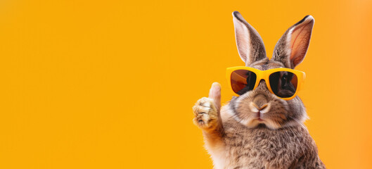 Fashionable brown rabbit sporting yellow sunglasses poses with a thumbs up against an orange background - obrazy, fototapety, plakaty