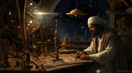 An intricate portrayal of an ancient astronomer surrounded by astronomical instruments and a starry sky