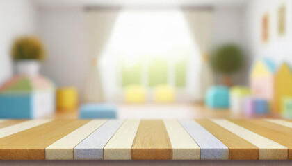 Empty wooden table in baby room interior