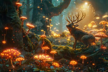 Enchanting mythical creatures frolicking among a whimsical forest filled with glowing mushrooms, their iridescent beauty casting a magical glow over the serene landscape.