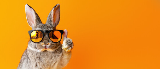 This captivating image features a sassy bunny with black-framed glasses, exuding a cheeky charm against a vivid orange background