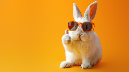 An endearing image of a cute white rabbit with orange spectacles gesturing a thumbs-up on a cheerful orange background