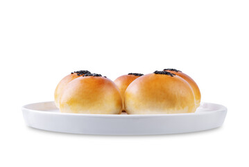 Red bean paste buns with black sesame seeds sprinkles on a white isolated background - 780024373