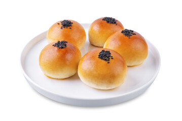 Red bean paste buns with black sesame seeds sprinkles on a white isolated background - 780024374