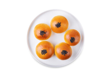 Red bean paste buns with black sesame seeds sprinkles on a white isolated background - 780024375