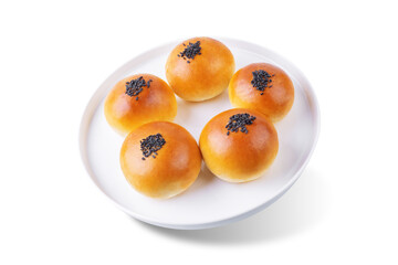 Red bean paste buns with black sesame seeds sprinkles on a white isolated background - 780024378
