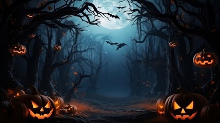 Fototapeta premium Pumpkins and bats on a dark background. Halloween holiday concept.
