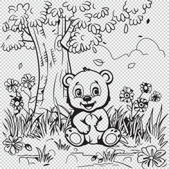 Baby bear is sitting under a tree, vector illustration on transparent background for kids coloring pages