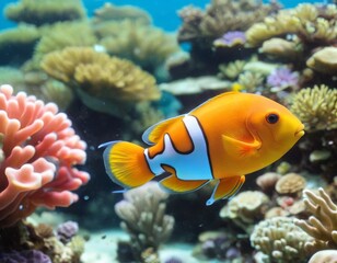 A bright orange clownfish swimming elegantly through a vivid coral reef in clear blue waters - obrazy, fototapety, plakaty