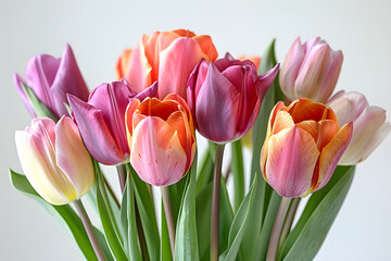 Colorful tulips bunch isolated on white background, perfect for springtime decorations or as a gift for a special occasion.
