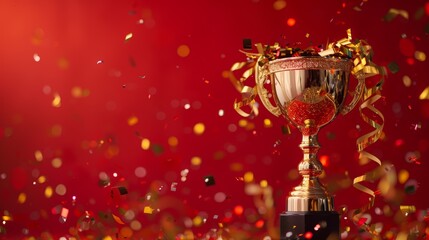 Golden trophy cup with red sparkling confetti on a red background. Success and achievement concept