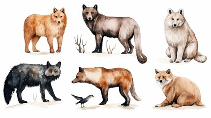 Accurately depicted wolf and fox species showcasing their differences in color and size