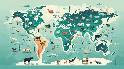 A visually engaging world map pinpointing various animals in their geographic habitats