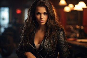 Striking allure: a long-haired beauty, a vision in a leather jacket, surrounded by motorcycles indoors.