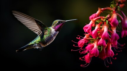 A hummingbird hovers precisely by rich pink hanging flowers in a high-resolution image with dark background