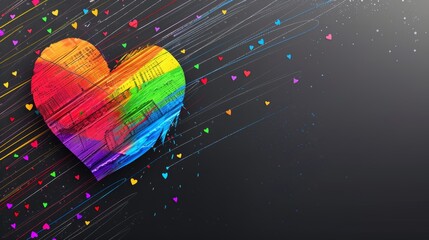 Vibrant heart with spectrum colors against dark background with geometric shapes