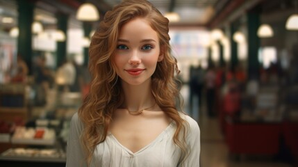 Bewitching girl with long blond hair in shopping mall, enchanting smile.