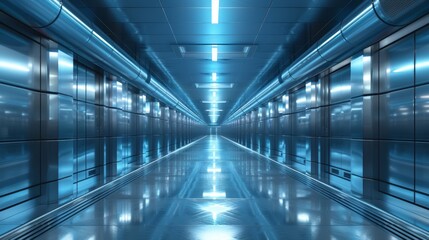 futuristic corridor illuminated with intense blue lights