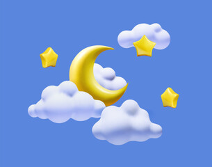 Crescent moon, stars and white fluffy clouds 3d style isolated on blue background. Sleep concept, dream, cartoon illustration