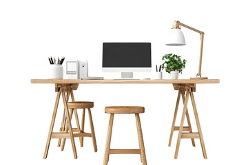 Wooden stools at desk with lamp desktop computer and plant in white workspace interior isolated on Transparent 