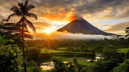 The image captures a breathtaking view of a volcano at the peak moment of sunset, with vivid colors and looming smoke