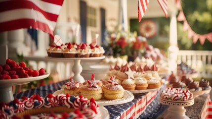 Patriotic dessert table setup for Fourth of July celebration with cakes and fruits. - obrazy, fototapety, plakaty