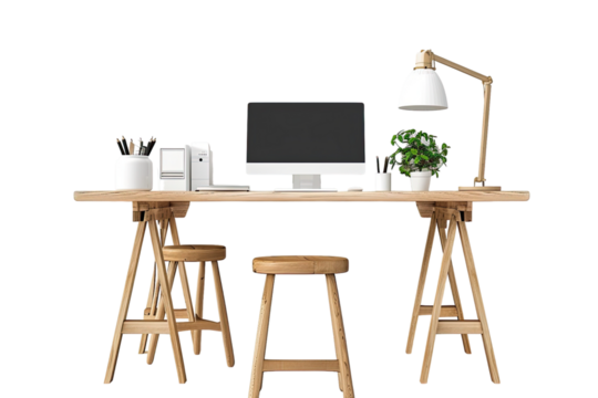 Wooden stools at desk with lamp desktop computer and plant in white workspace interior isolated on Transparent  - Powered by Adobe