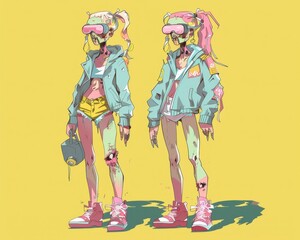 kawaii zombie make,Memphis color scheme dopamine color scheme, full-body-length, westcoast street culture, indipendent character,scientist, two girls
