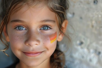A young girl with blue eyes and a yellow stripe on her face. Football fan