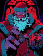 minimal low detailcreepy santa coloring book, in the style of movie poster, dark cyan and light crimson