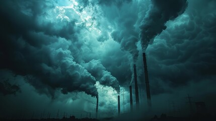 Industrial chimneys emitting smoke against threatening skies. - obrazy, fototapety, plakaty