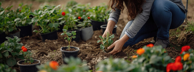 Fototapeta premium a beautiful girl plants flowers on a flower bed in the garden