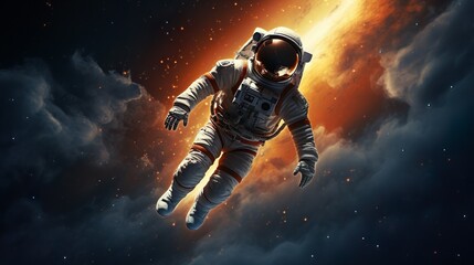 Fototapeta premium An astronaut drifts weightlessly against a backdrop of fiery orange space nebula, capturing the vastness and solitude of space