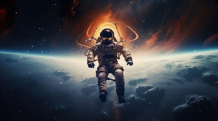 In deep space, an astronaut in a spacesuit hovers with the majestic Earth and a glowing nebula in background