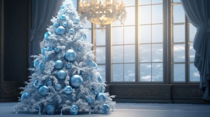 Winter wonderland: a Christmas tree beautifully decorated with blue ornaments, surrounded by defocused lights, evoking a festive and enchanting ambiance.