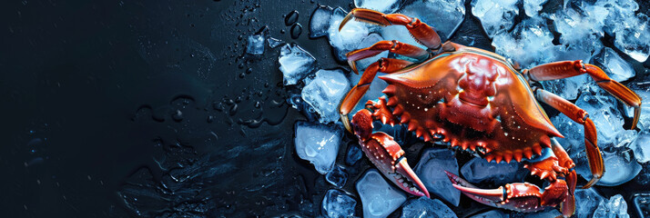 horizontal banner for fish market, fresh seafood, big red crab lying on crushed ice, ice cubes, food preservation, blue background, copy space, free space for text