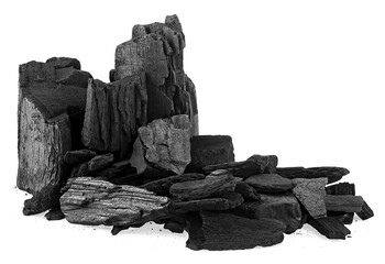 Pile of black charcoal chunks isolated on a white background. Natural wood charcoal.