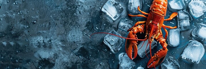 horizontal banner for fish market, fresh seafood, big red lobster lying on crushed ice, ice cubes, food preservation, gray background, copy space, free space for text