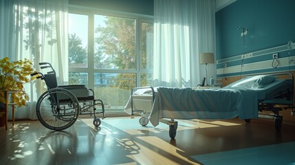 Tranquil hospital room bathed in morning sunlight