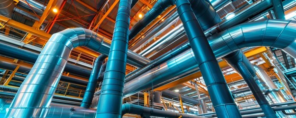 Blue-toned pipes in industrial plant. Technology and engineering concept