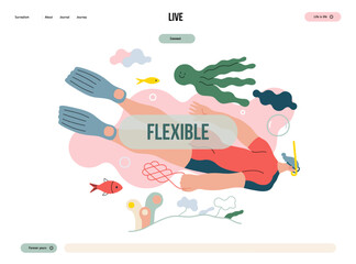 Life Unframed: Diver -modern flat vector concept illustration of a man swimming under the sea. Metaphor of unpredictability, imagination, whimsy, cycle of existence, play, growth and discovery