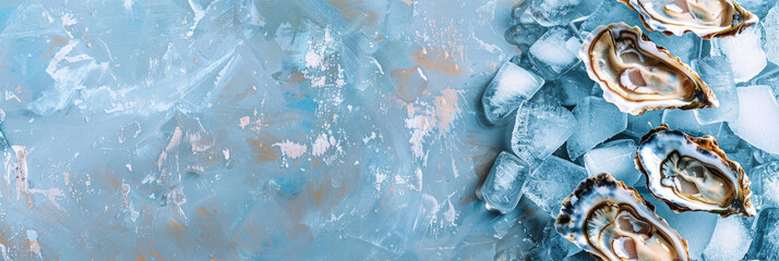 horizontal banner for fish market, fresh seafood, oysters lying on crushed ice, ice cubes, food preservation, blue background, copy space, free space for text